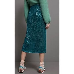 Maeve Anthropologie Sequined Midi Skirt Teal Green Slit Small boho whimsi fairy